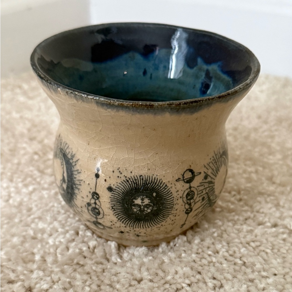 Vintage Handcrafted Ceramic Vase with Blue and Cream Celestial Design